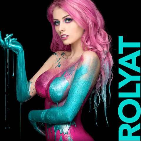Rolyat Taylor in pink and teal paint by Nick Saglimbeni